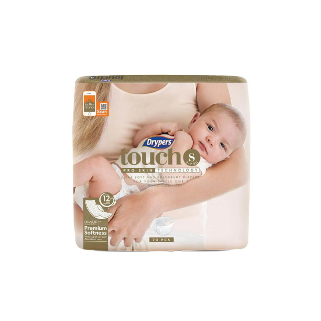 Drypers Touch Mega S diapers pack with 70 pieces for premium softness and gentle baby care