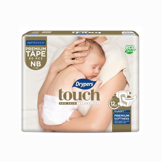 Pack of Drypers Touch newborn diapers with premium tape, featuring soft material for baby comfort