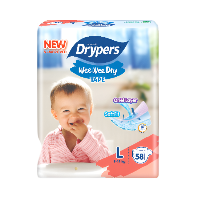 Drypers Wee Wee Dry L 58 diapers with improved comfort and fit for babies 9-14 kg
