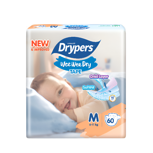 Drypers Wee Wee Dry M 60 pack Diapers with SoftFit and Oriel Layer for Comfort and Absorbency
