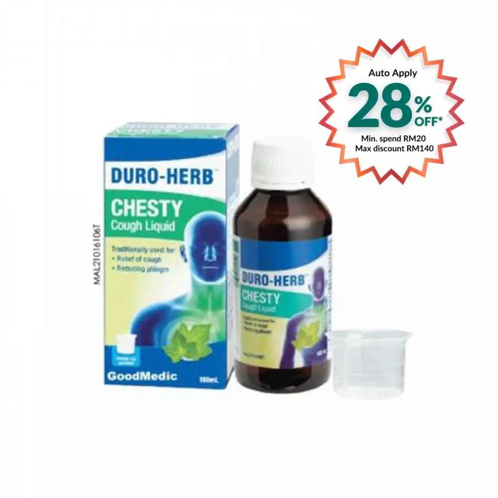 DURO-HERB Chesty Cough Syrup for Adults in 100ml bottle with measuring cup for cough relief