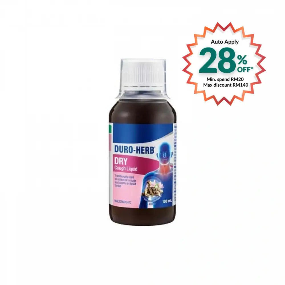 DURO-HERB Dry Cough Syrup Malaysia in a 100ml bottle, designed for effective cough relief