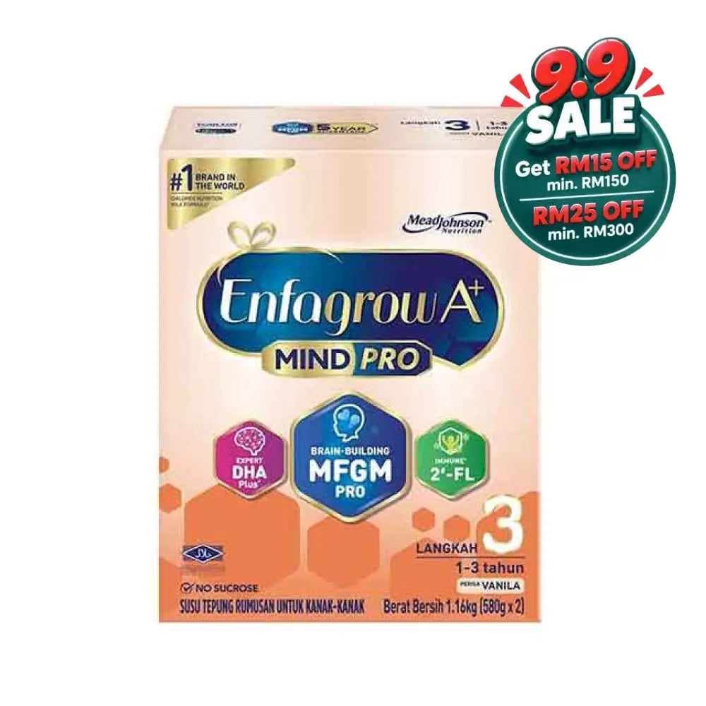 Enfagrow A+ MindPro Step 3 vanilla powdered milk formula for ages 1-3 years, rich in DHA and MFGM.