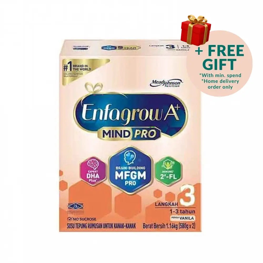 Enfagrow A+ MindPro Step 3 vanilla powdered milk formula for ages 1-3 years, rich in DHA and MFGM.