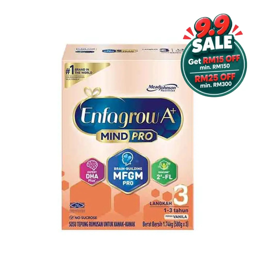Enfagrow A+ MindPro Step 3 vanilla formula in a 1.74kg box for children aged 1-3 years old