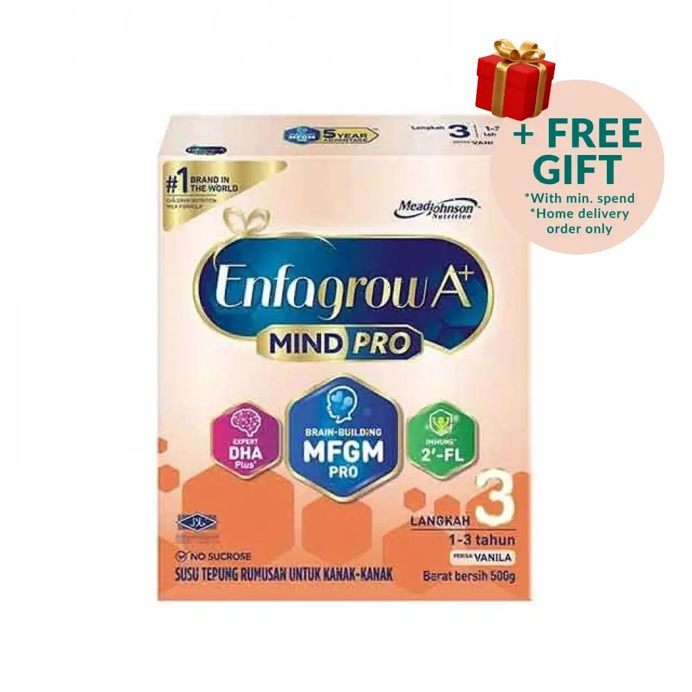 Enfagrow A+ MindPro Step 3 vanilla powder formula for children aged 1-3 years in a 500g package
