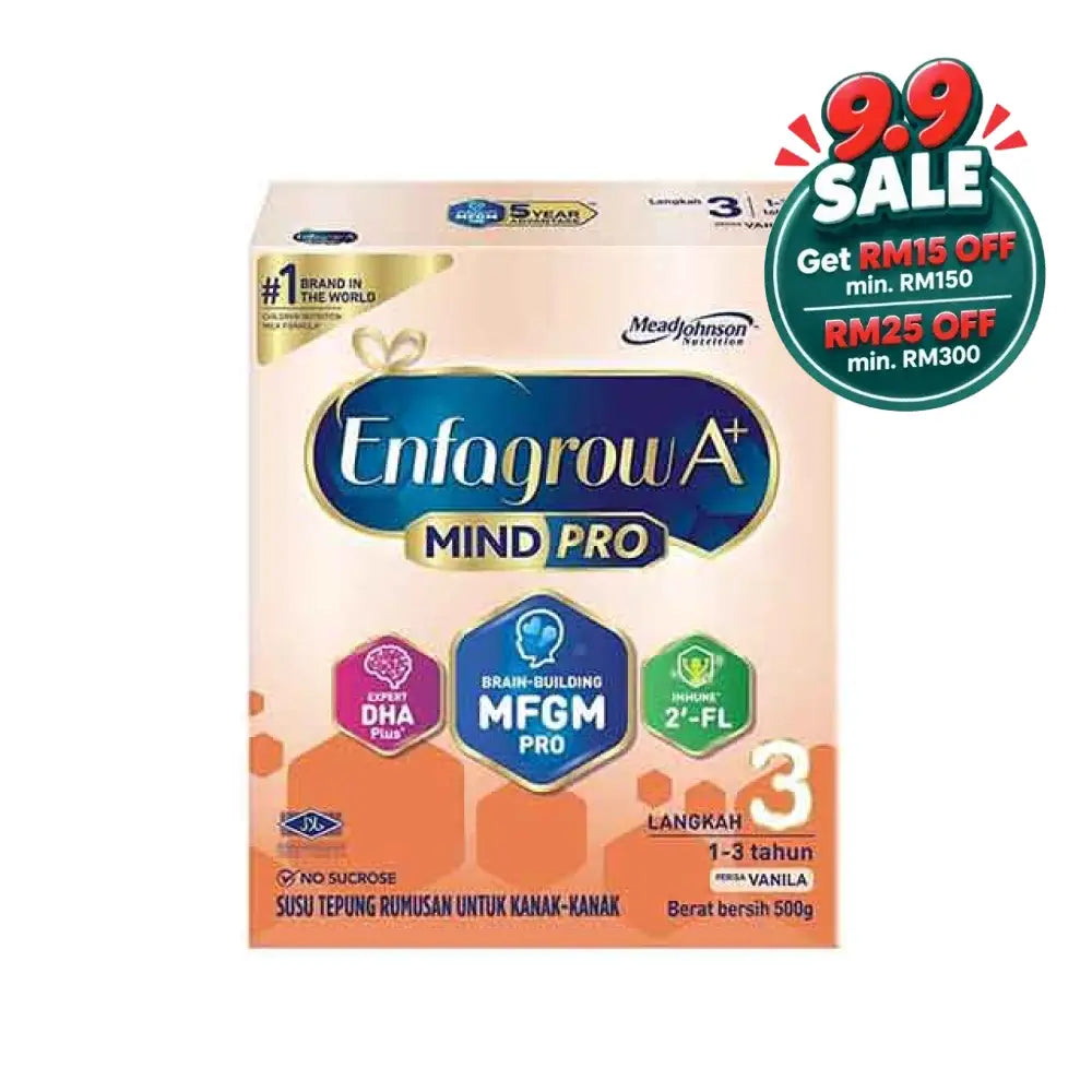 Enfagrow A+ MindPro Step 3 vanilla powder formula for children aged 1-3 years in a 500g package