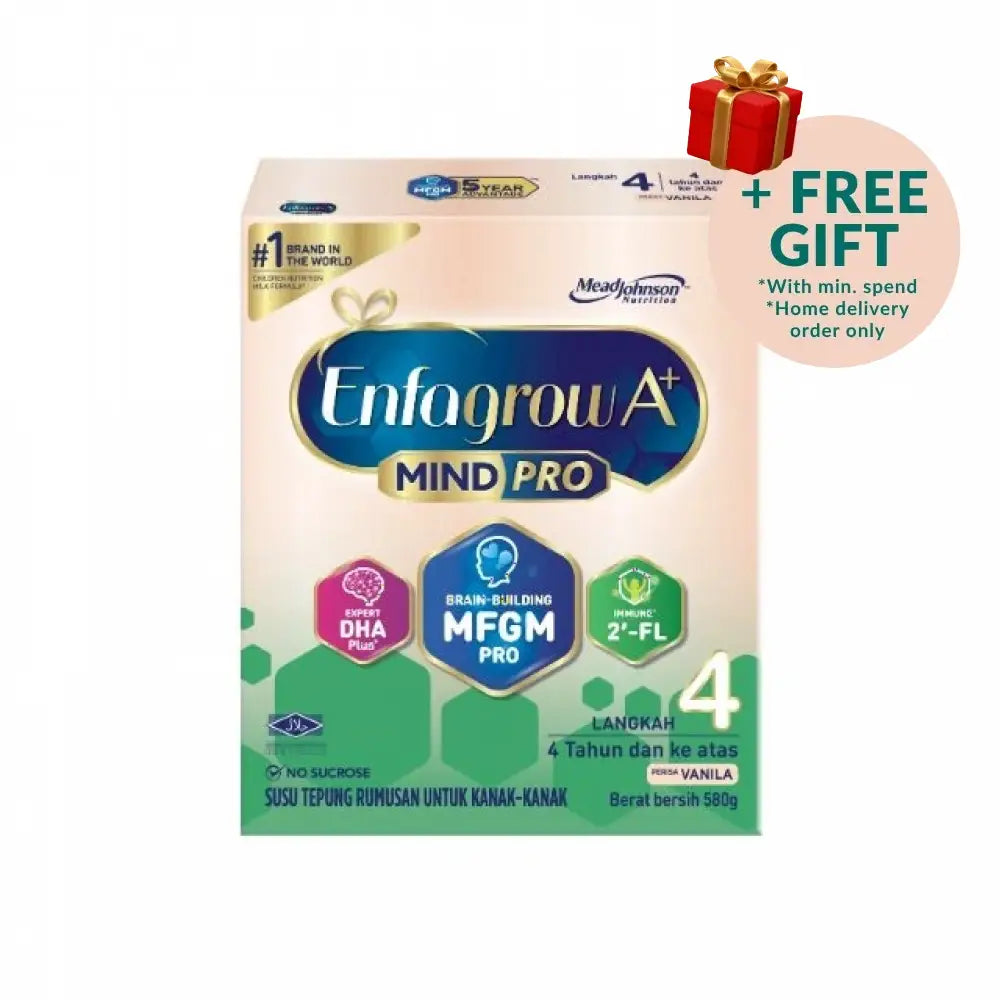 Enfagrow A+ MindPro Step 4 vanilla price on the packaging with nutritional information for children