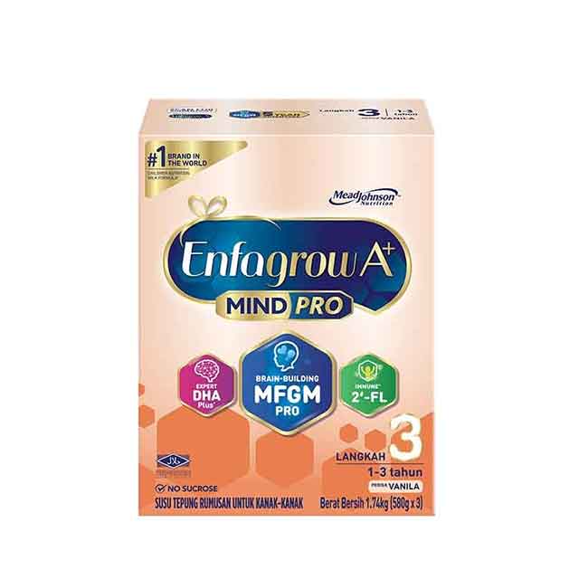 Enfagrow A+ MindPro Step 3 vanilla formula in a 1.74kg box for children aged 1-3 years old