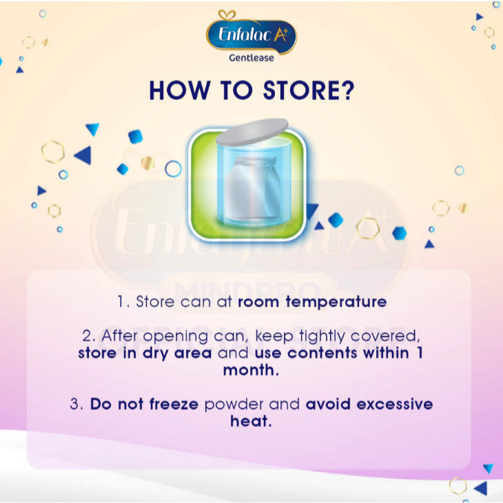 Storage instructions for Enfalac A+ Gentlease infant formula on a colorful background
