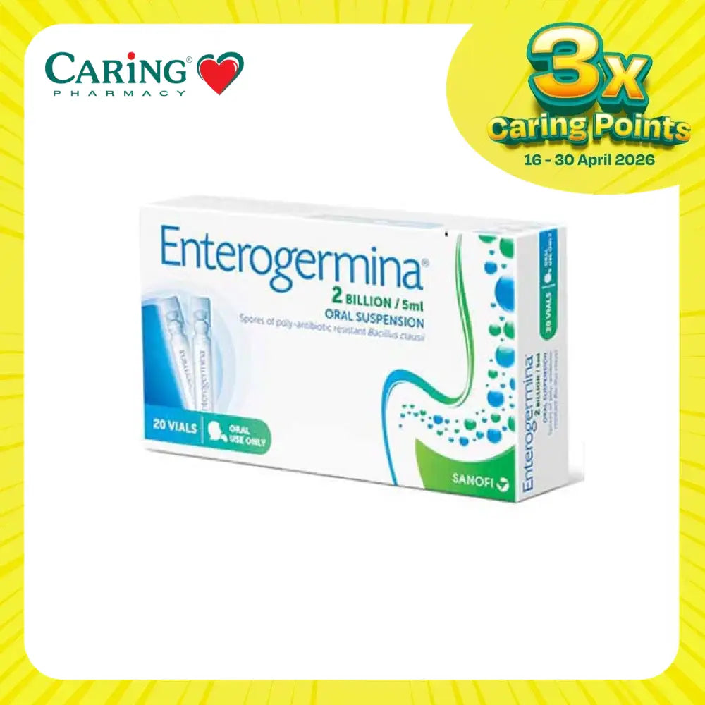Enterogermina probiotic suspension in a box containing 20 vials for oral use to support gut health