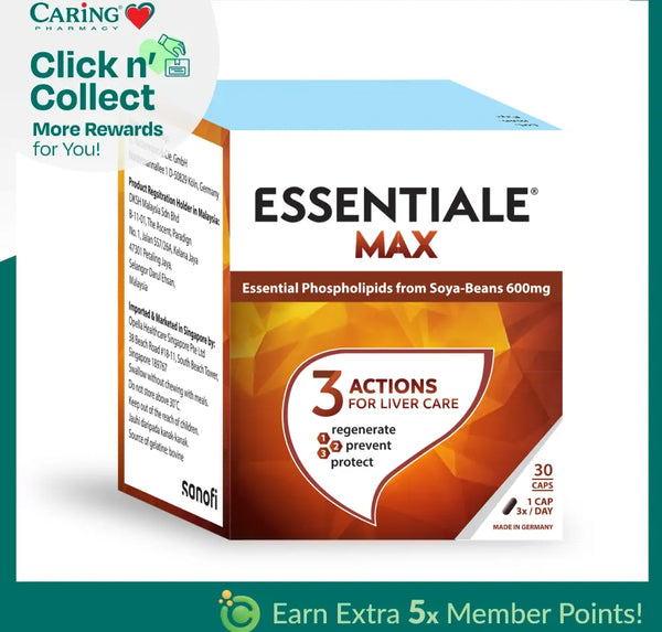 Essentiale Max 600mg liver supplement box with three actions for liver care and 30 capsules