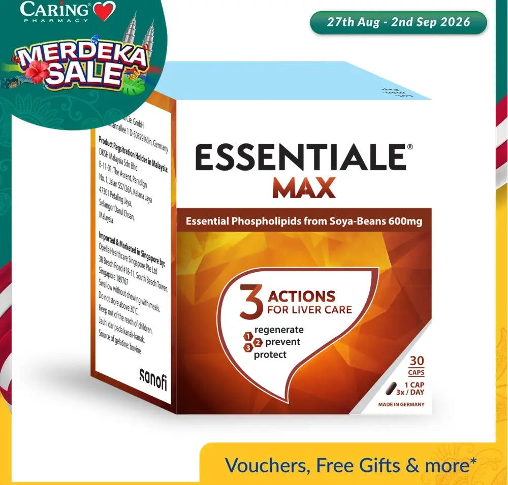 Essentiale Max 600mg liver supplement box with three actions for liver care and 30 capsules
