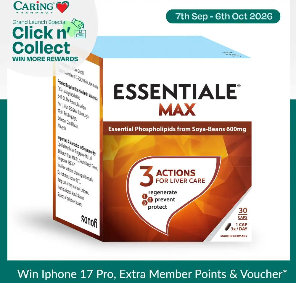 Essentiale Max 600mg liver supplement box with three actions for liver care and 30 capsules