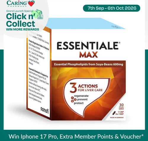 Essentiale Max 600mg liver supplement box with three actions for liver care and 30 capsules