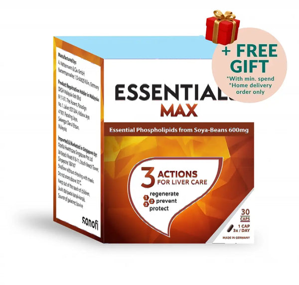 Essentiale Max 600mg liver supplement box with three actions for liver care and 30 capsules