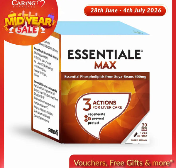 Essentiale Max 600mg liver supplement box with three actions for liver care and 30 capsules