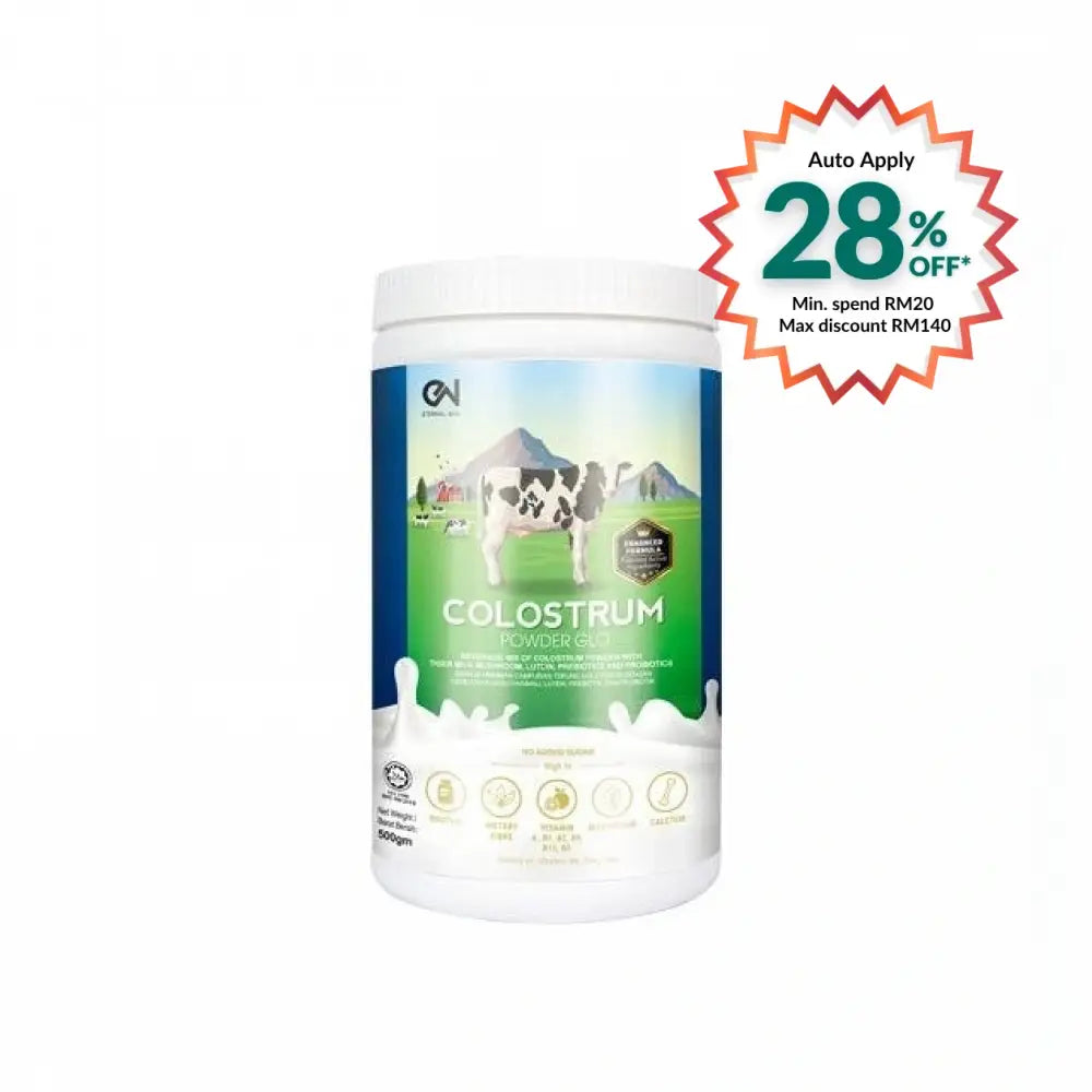 ETERNAL WISE colostrum powder supplement container featuring high-quality bovine colostrum for immune support