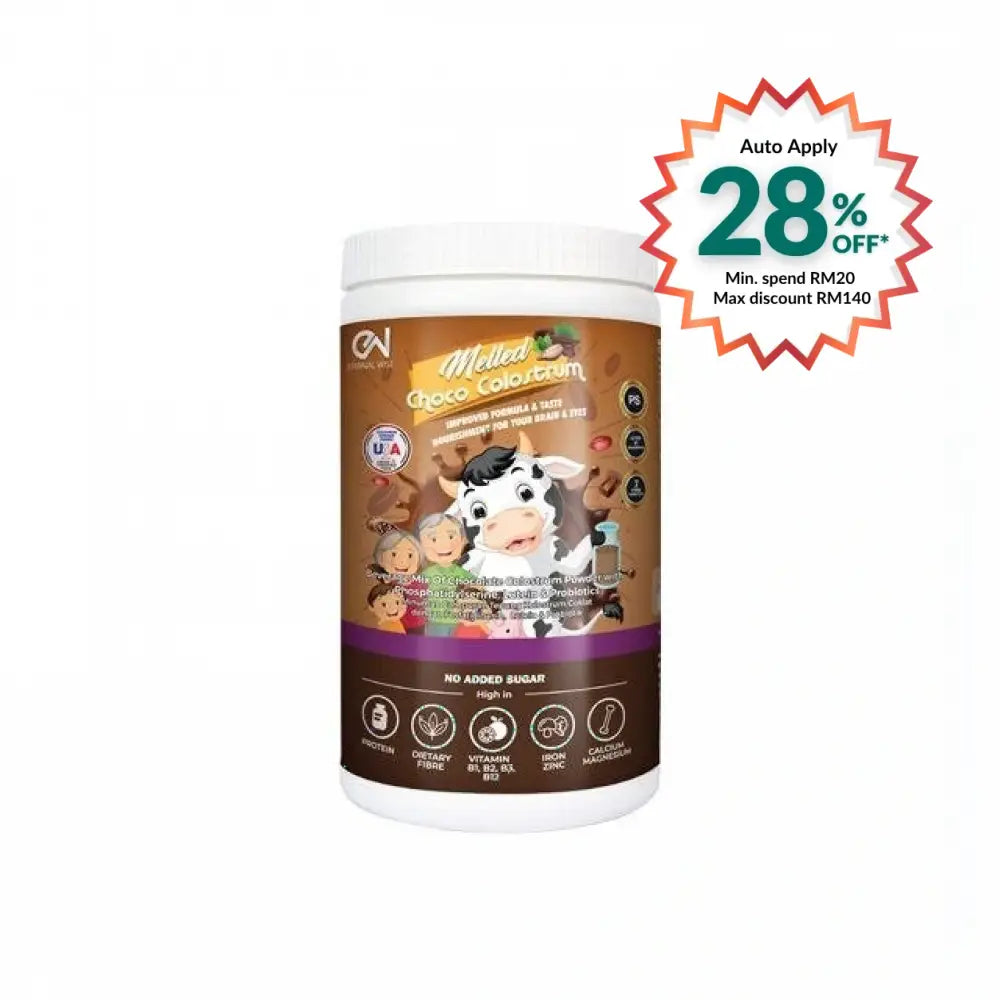 ETERNAL WISE chocolate colostrum supplement in a tub for immune support and nutritional benefits