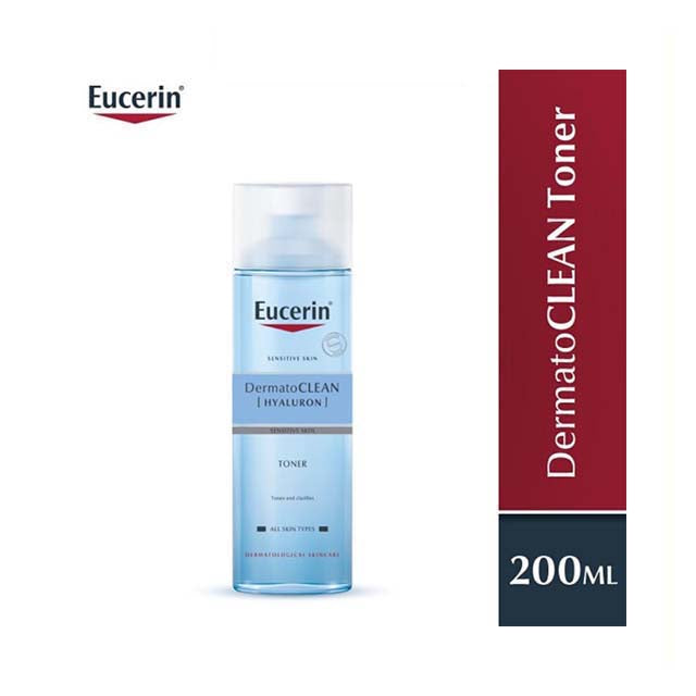 Eucerin DermatoClean Clarifying Toner 200ml in a clear blue bottle for skincare routines