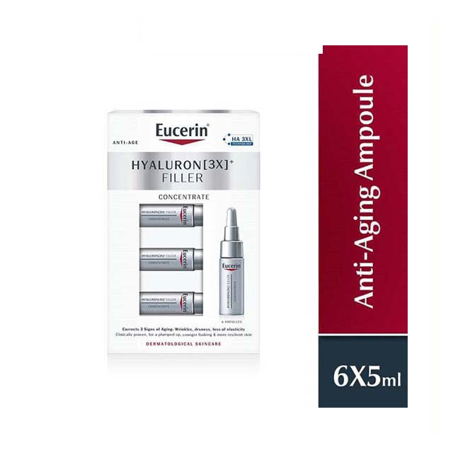 Eucerin Hyaluron Filler Concentrate Anti-Aging Ampoules in a pack of six, designed for youthful skin.