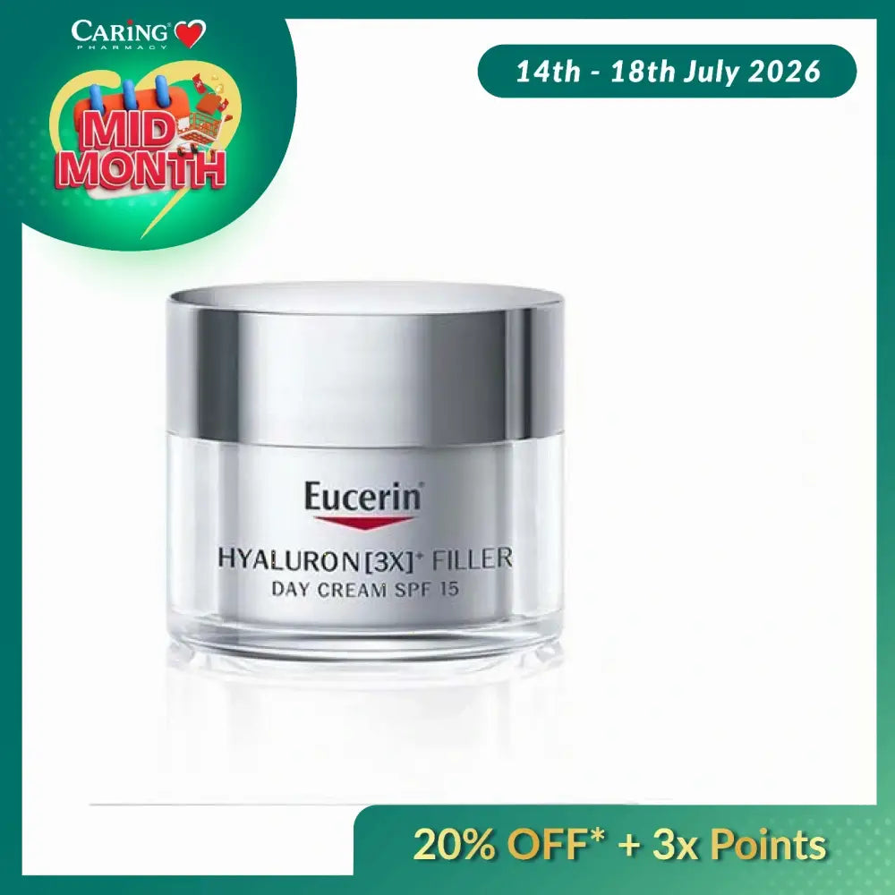 Eucerin Hyaluron Filler Day Cream in a 50ml jar designed for anti-aging with SPF 15 protection