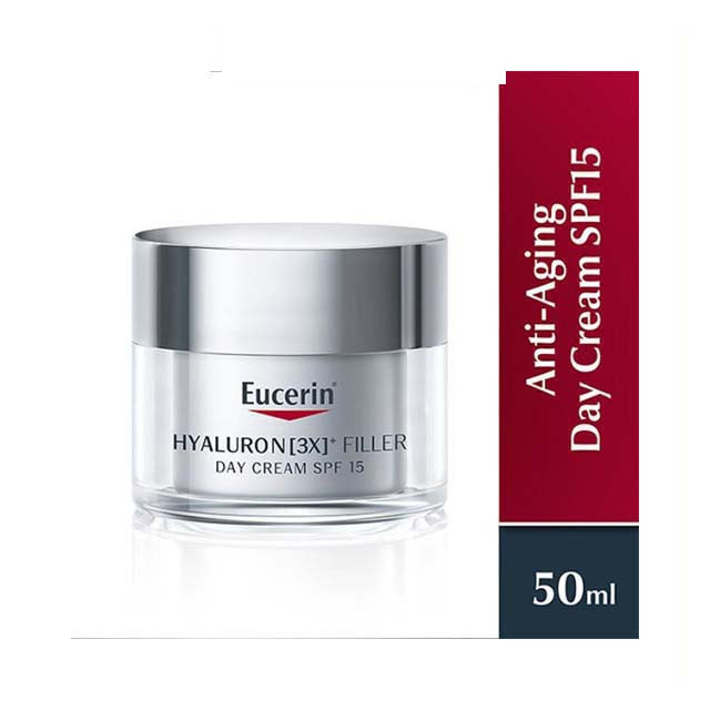 Eucerin Hyaluron Filler Day Cream in a 50ml jar designed for anti-aging with SPF 15 protection