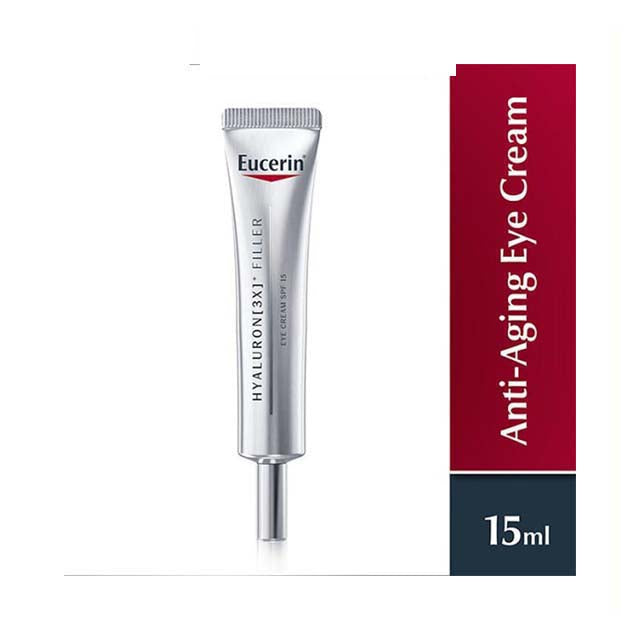 Eucerin hyaluron filler eye cream in a 15ml tube for anti-aging skincare