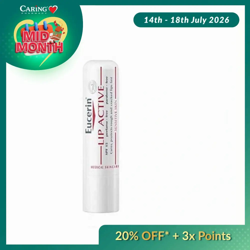 Eucerin Lip Active lip balm in a white tube designed to hydrate and soothe dry lips