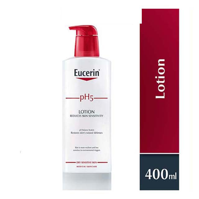 Eucerin PH5 lotion for sensitive skin in a 400ml bottle with skin sensitivity reduction properties