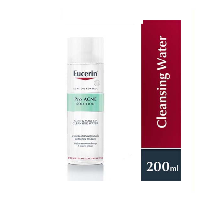Eucerin ProAcne cleansing water in 200ml bottle for acne-prone skin care and makeup removal