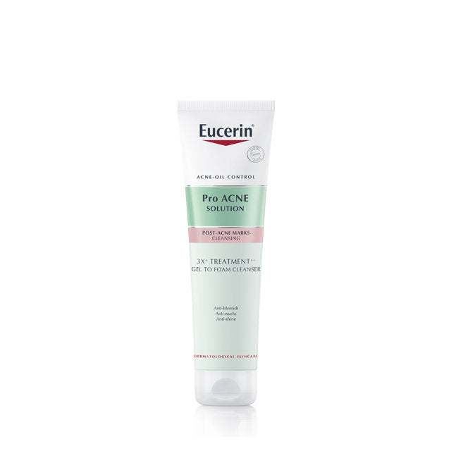 Eucerin ProACNE gel to foam cleanser in a white tube for treating post-acne marks and gentle cleansing