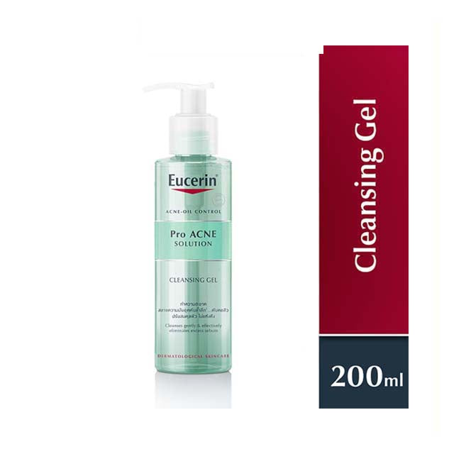 Eucerin ProAcne Solution Cleansing Gel 200ml in a clear bottle with pump for acne-prone skin