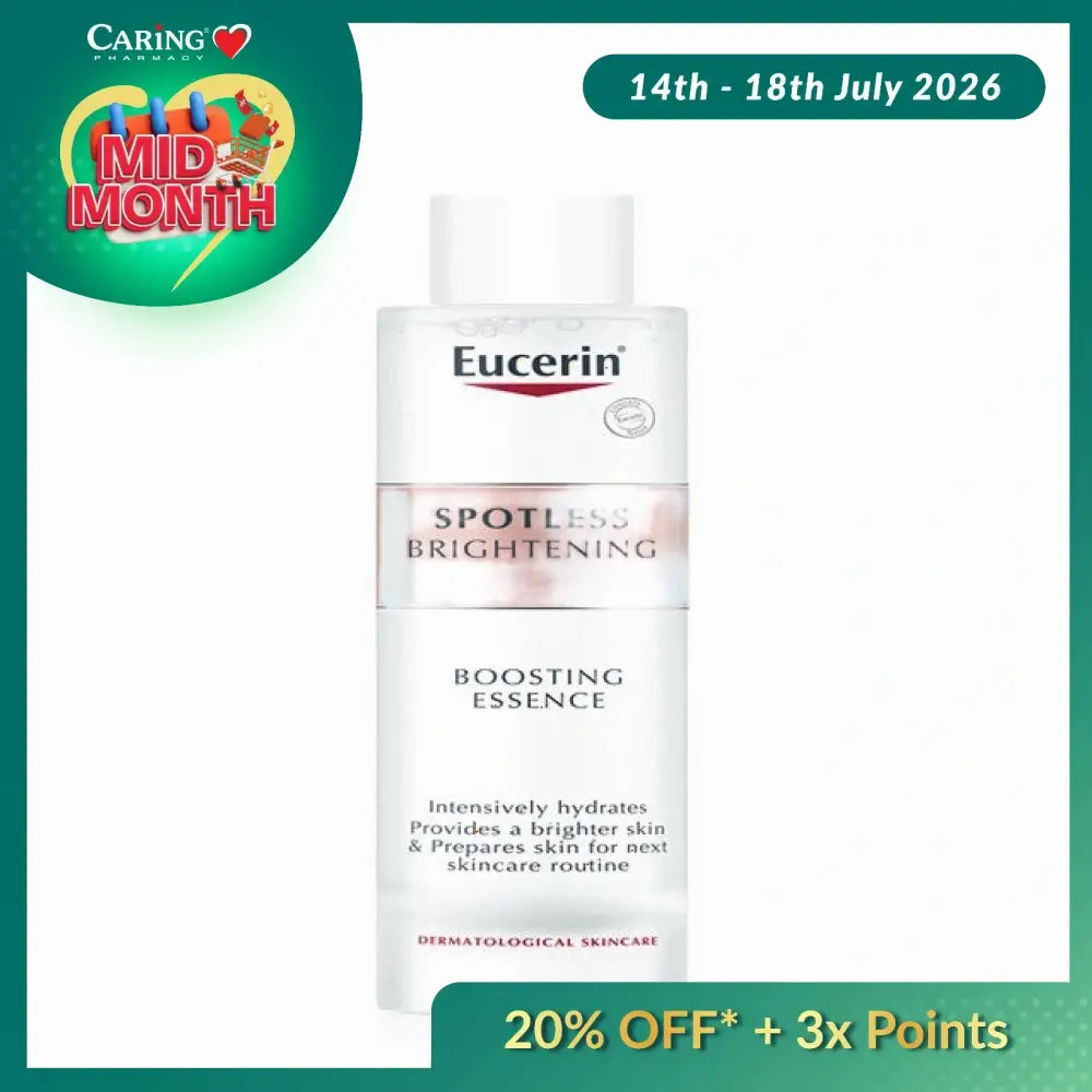 Eucerin Spotless Brightening Essence in a clear bottle for brightening and hydrating skin care routine