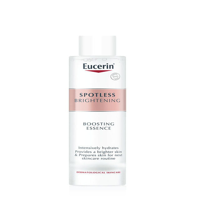 Eucerin Spotless Brightening Essence in a clear bottle for brightening and hydrating skin care routine