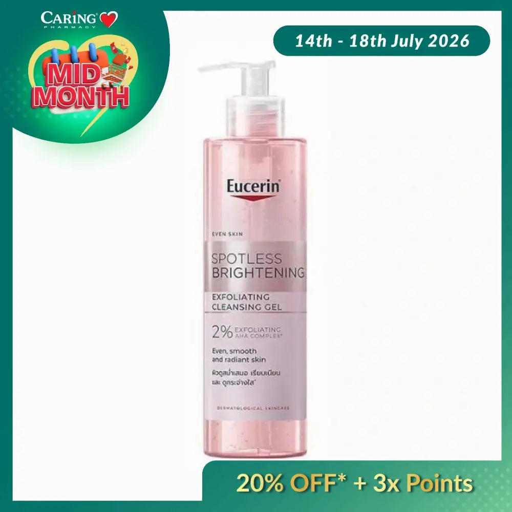 Eucerin Spotless Brightening Cleansing Gel in a pink bottle with exfoliating and soothing properties