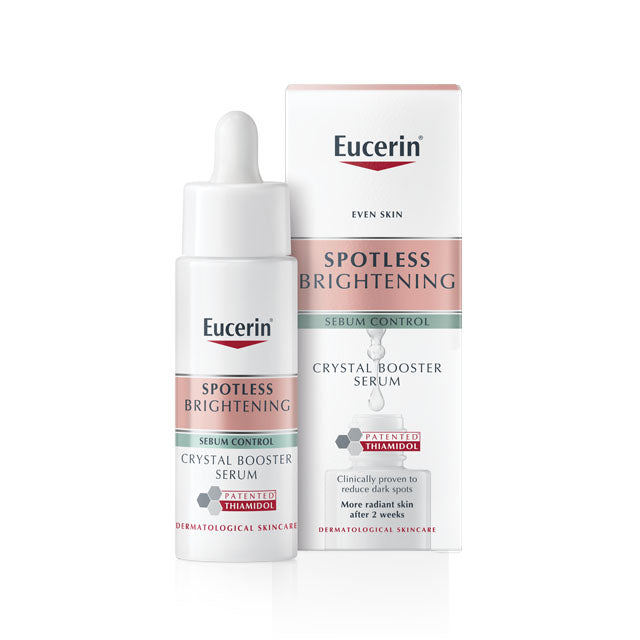 Eucerin Spotless Brightening Serum in a dropper bottle for even skin tone and dark spot reduction