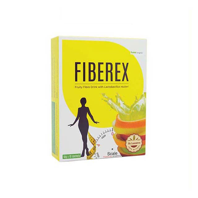 Fiberex fiber supplement drink in box with fruity design and instructions for healthy digestion