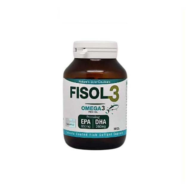 Bottle of FISOL 3 omega 3 fish oil supplements softgel capsules providing EPA and DHA for heart health