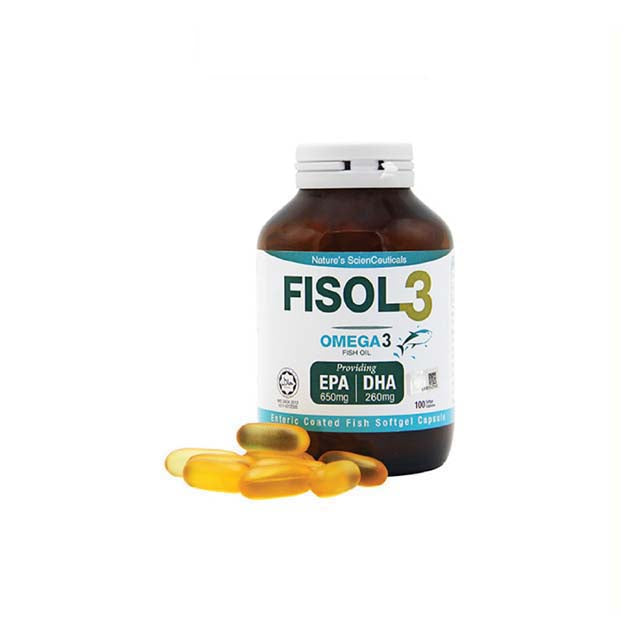 FISOL 3 Omega 3 fish oil supplements bottle with golden softgel capsules for heart and brain support