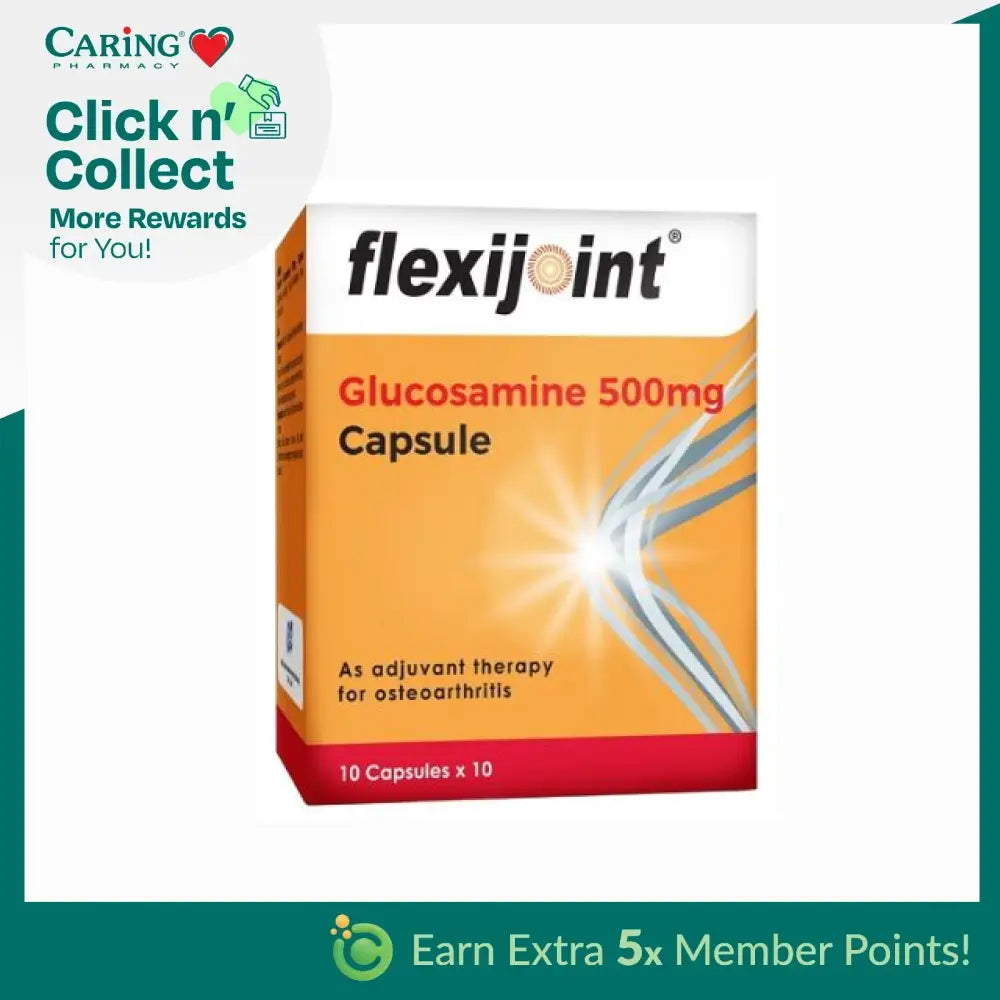 Flexijoint 500mg glucosamine capsules in a colorful box for joint health support