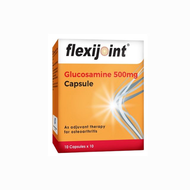 Flexijoint 500mg glucosamine capsules in a colorful box for joint health support