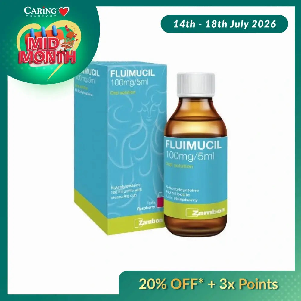 Fluimucil 100mg oral solution bottle with raspberry flavor and measuring cup in packaging