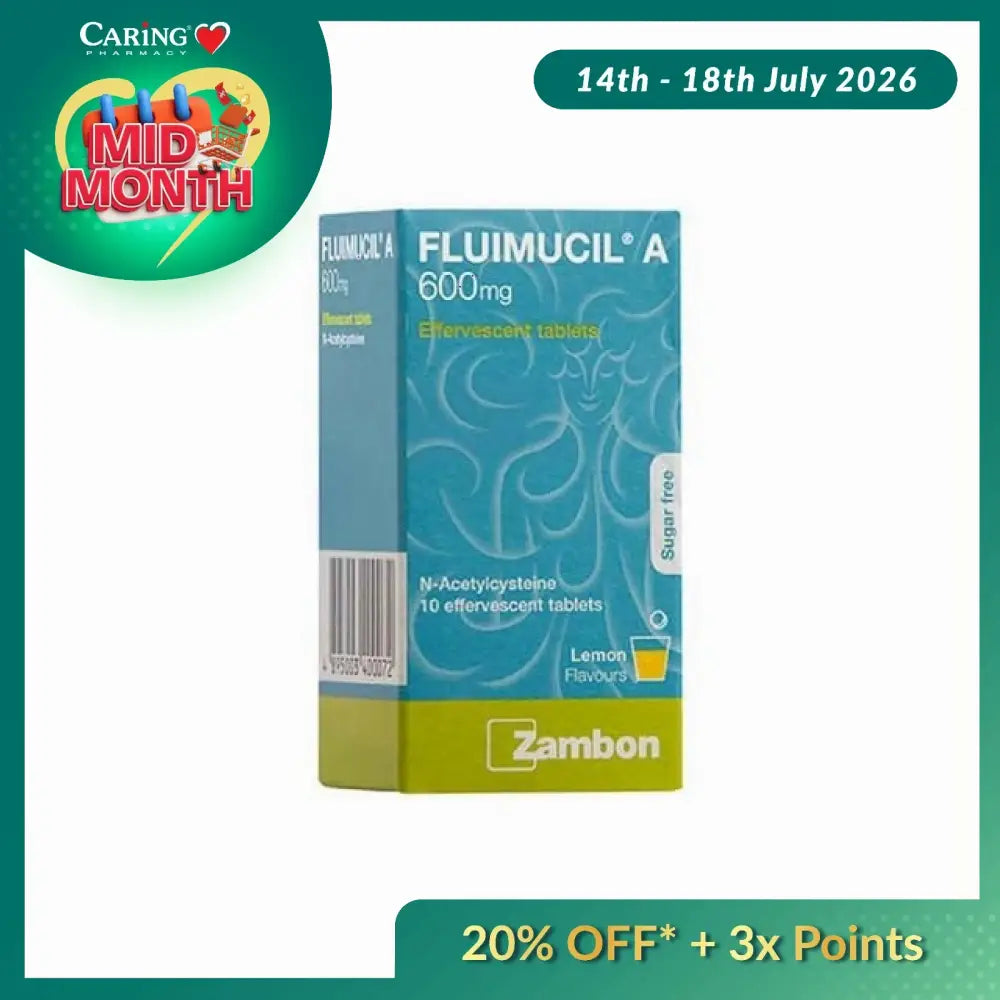 Fluimucil 600mg effervescent tablets packaging in blue box with lemon flavor and sugar-free label