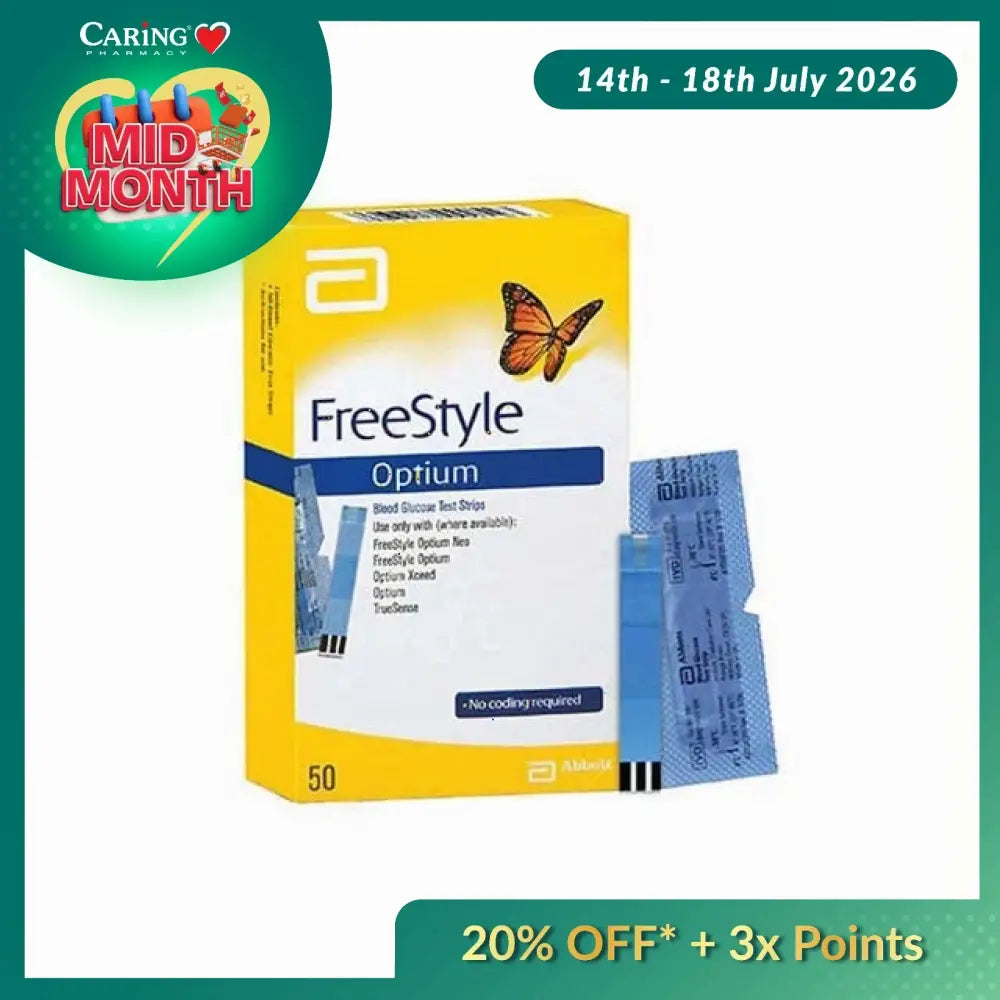 Freestyle Optium Neo blood glucose test strips in a yellow box with 50 test strips included