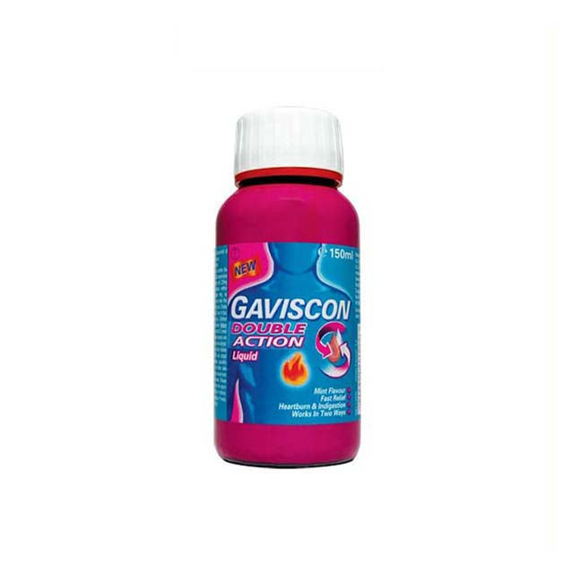 Gaviscon Double Action Liquid 150ml bottle for heartburn relief with mint flavor