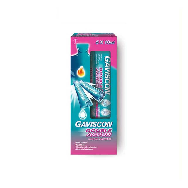 Gaviscon Double Action Liquid sachets in a 5-pack for fast relief from heartburn and indigestion
