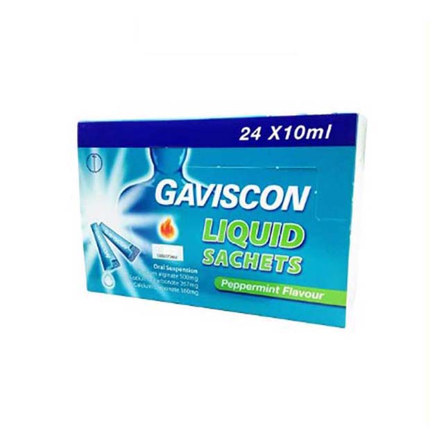 Gaviscon liquid sachet 10ml box containing 24 peppermint flavor sachets for heartburn relief