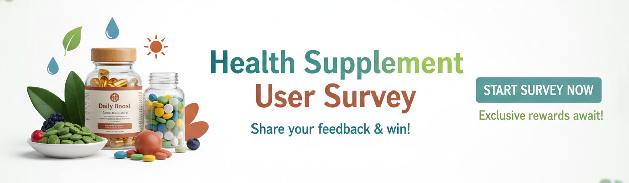 generate a horizontal banner with the width of 3000px and height of 365px. The banner is about a health supplement user survey