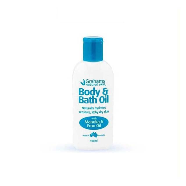 Grahams body and bath oil in a 100ml bottle designed to hydrate sensitive, itchy dry skin